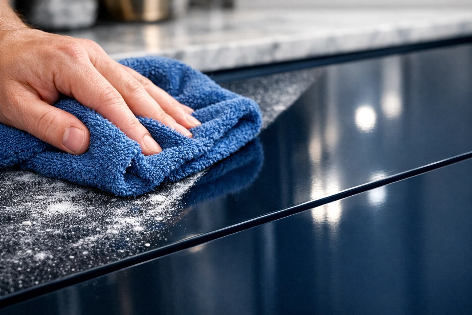 Microfiber cloth removing drywall dust from cabinets during a professional post-construction cleaning MA.