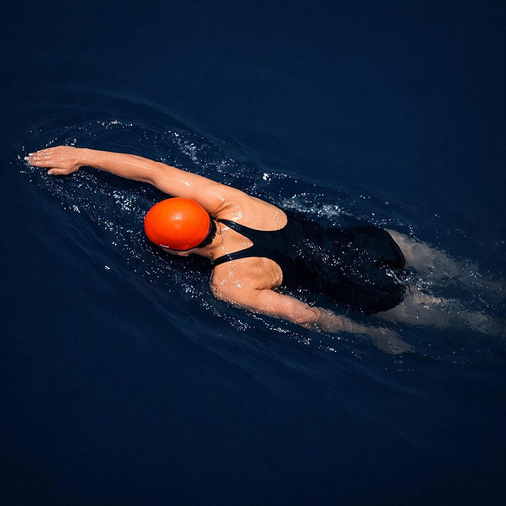 Overhead view of a swimmer in a freestyle stroke practicing rotation and rhythmic breathing.