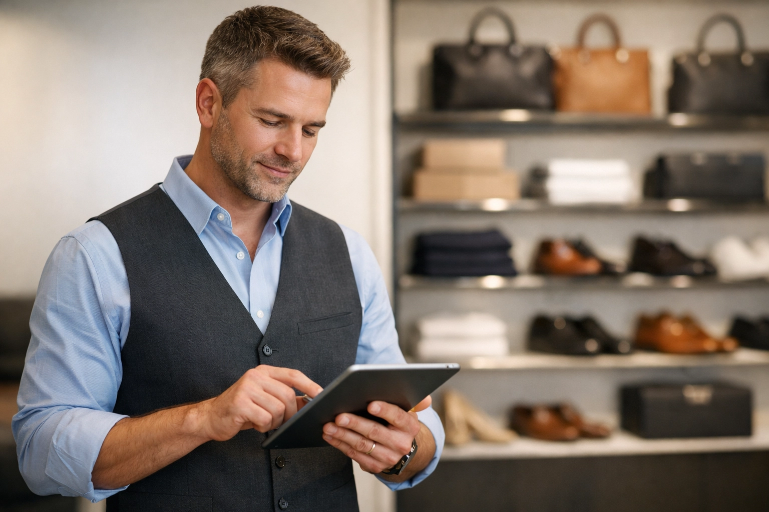 Retail manager using a tablet to monitor inventory and prevent theft in a high-end store.