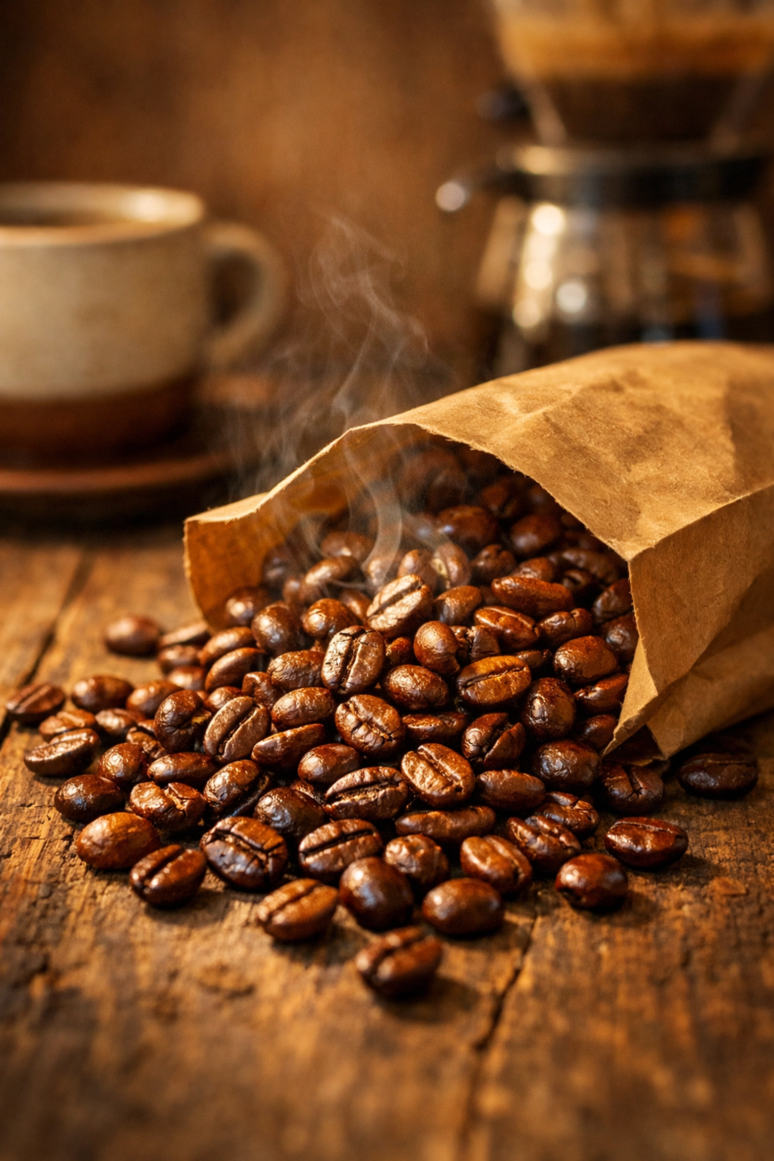 Fresh roasted specialty coffee beans spilling from bag onto wooden surface
