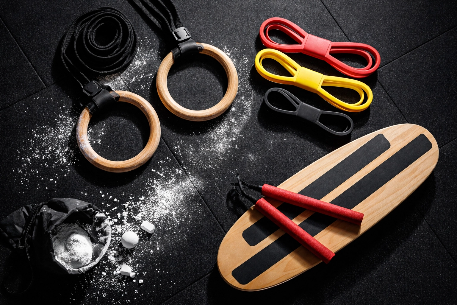 Essential ninja warrior home gym equipment, like rings, bands, and a balance board, arranged on a gym floor