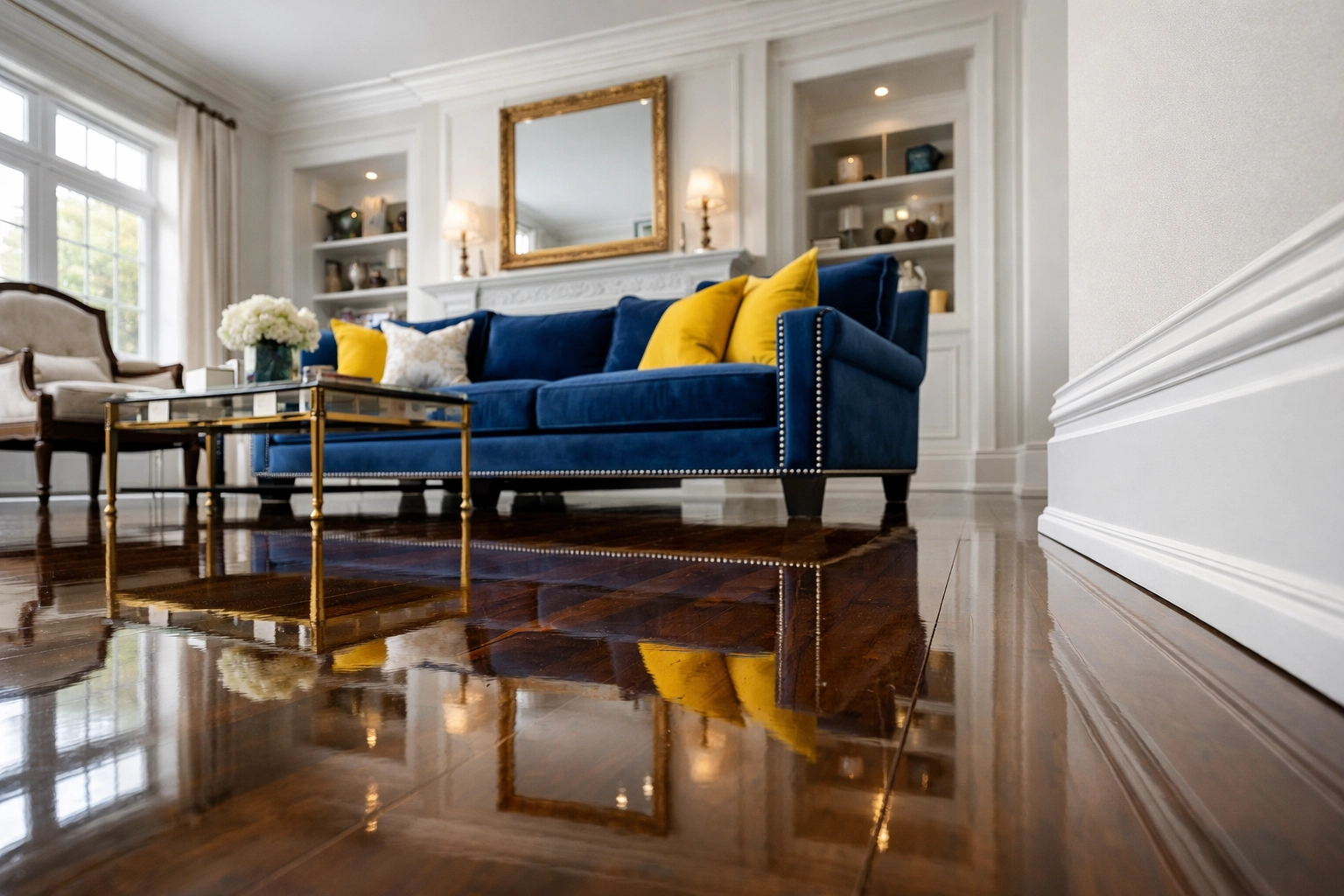 Polished hardwood floors in a luxury home after a deep move-in cleaning service in Boston.