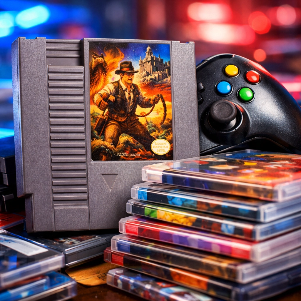 Vintage Nintendo cartridge and modern video games to resell for profit on eBay.