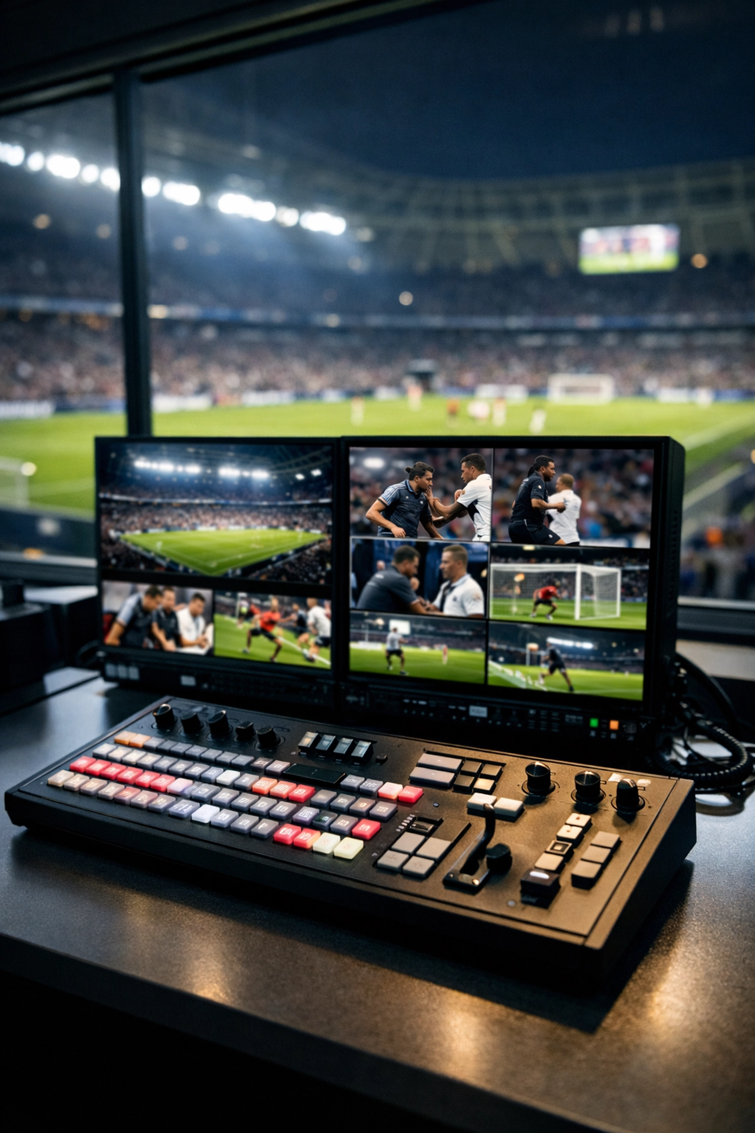 Professional live TV production setup with video switcher and monitors for sports advertising network broadcasts.