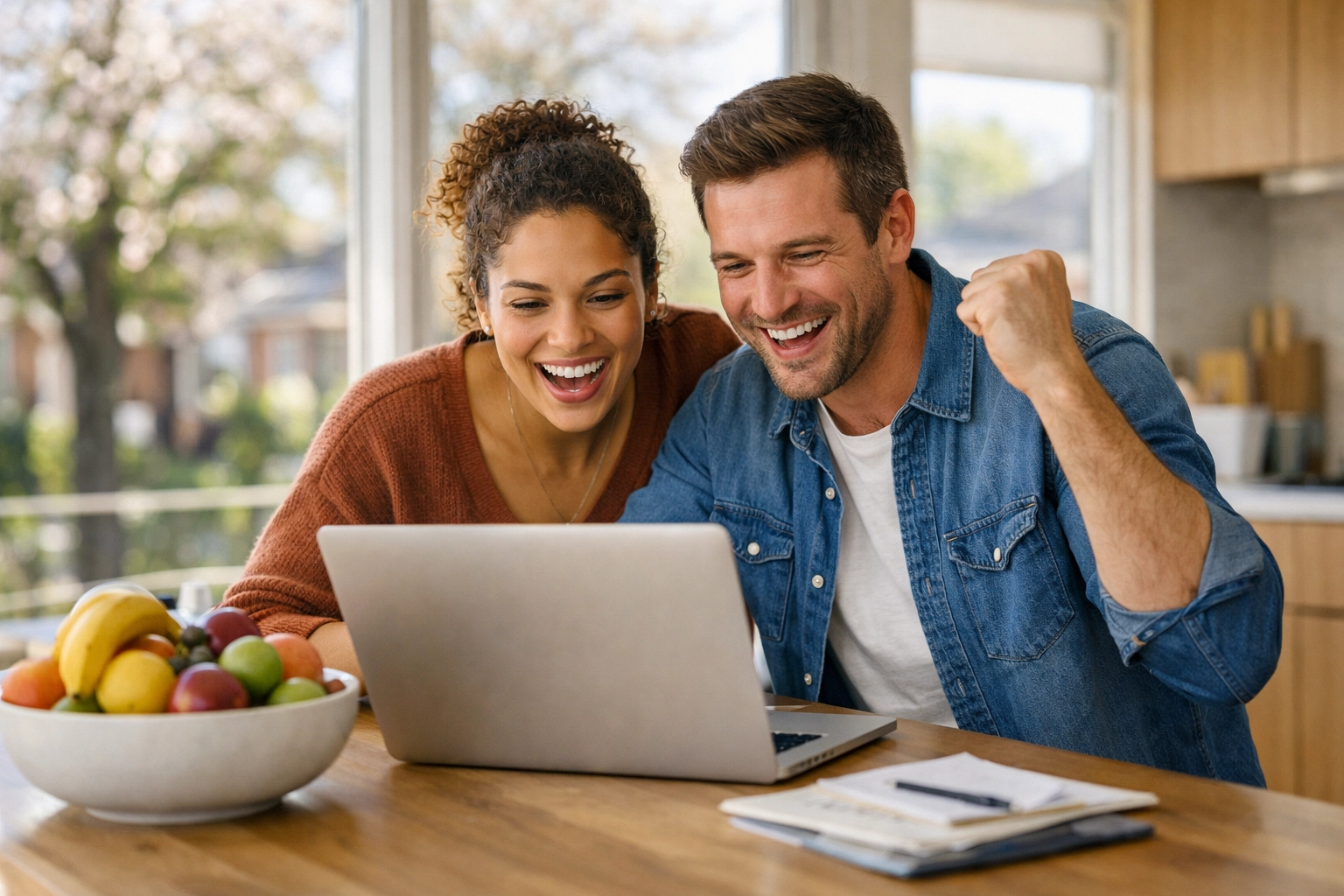 A diverse couple in a modern Littleton kitchen reviewing mortgage documents and home buying options on a laptop.