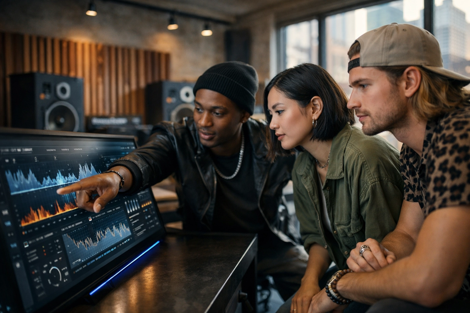 Professionals at Tunes On Top Academy collaborating on dynamic creative marketing in a modern studio.