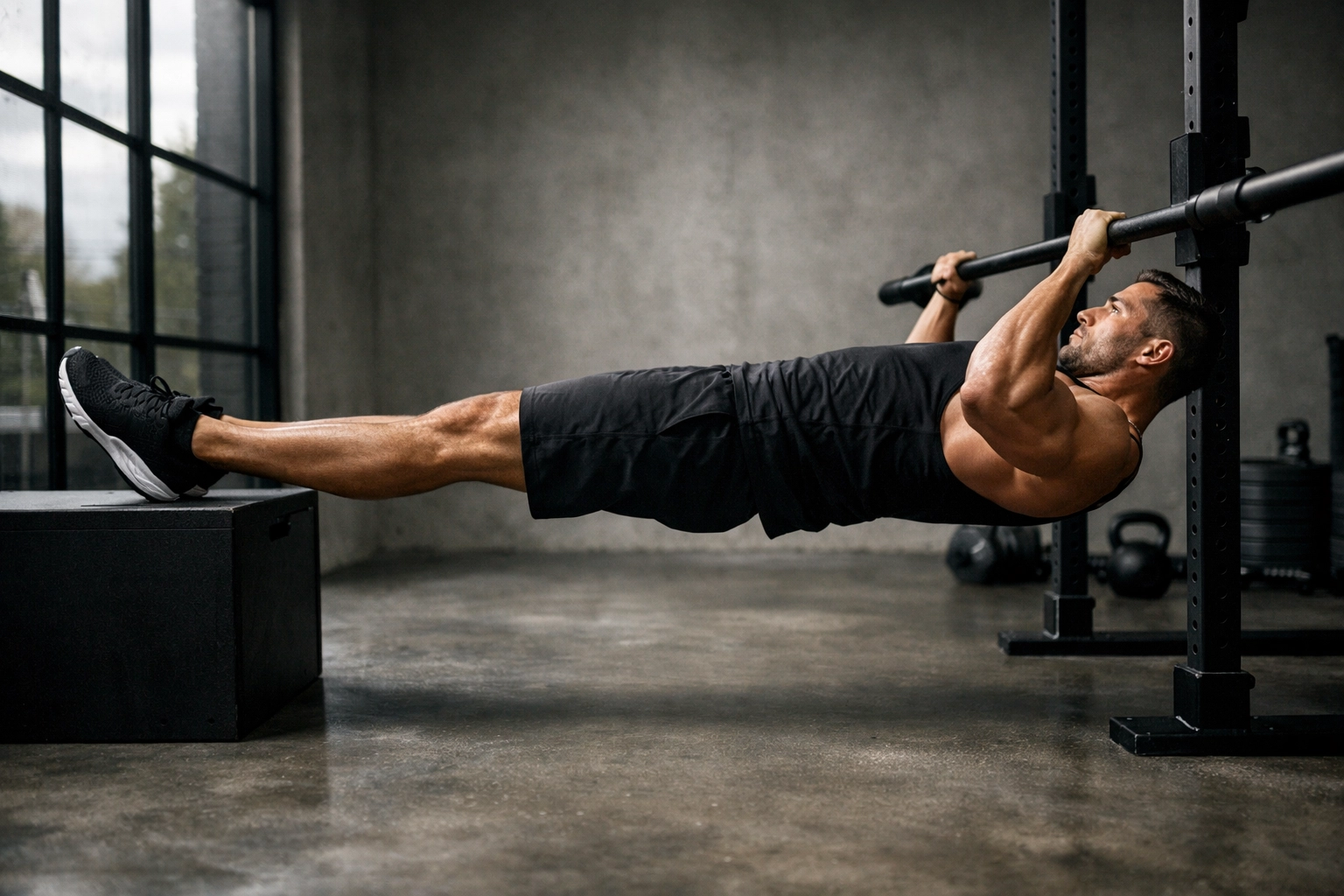 Proper form for elevated feet body row at home gym