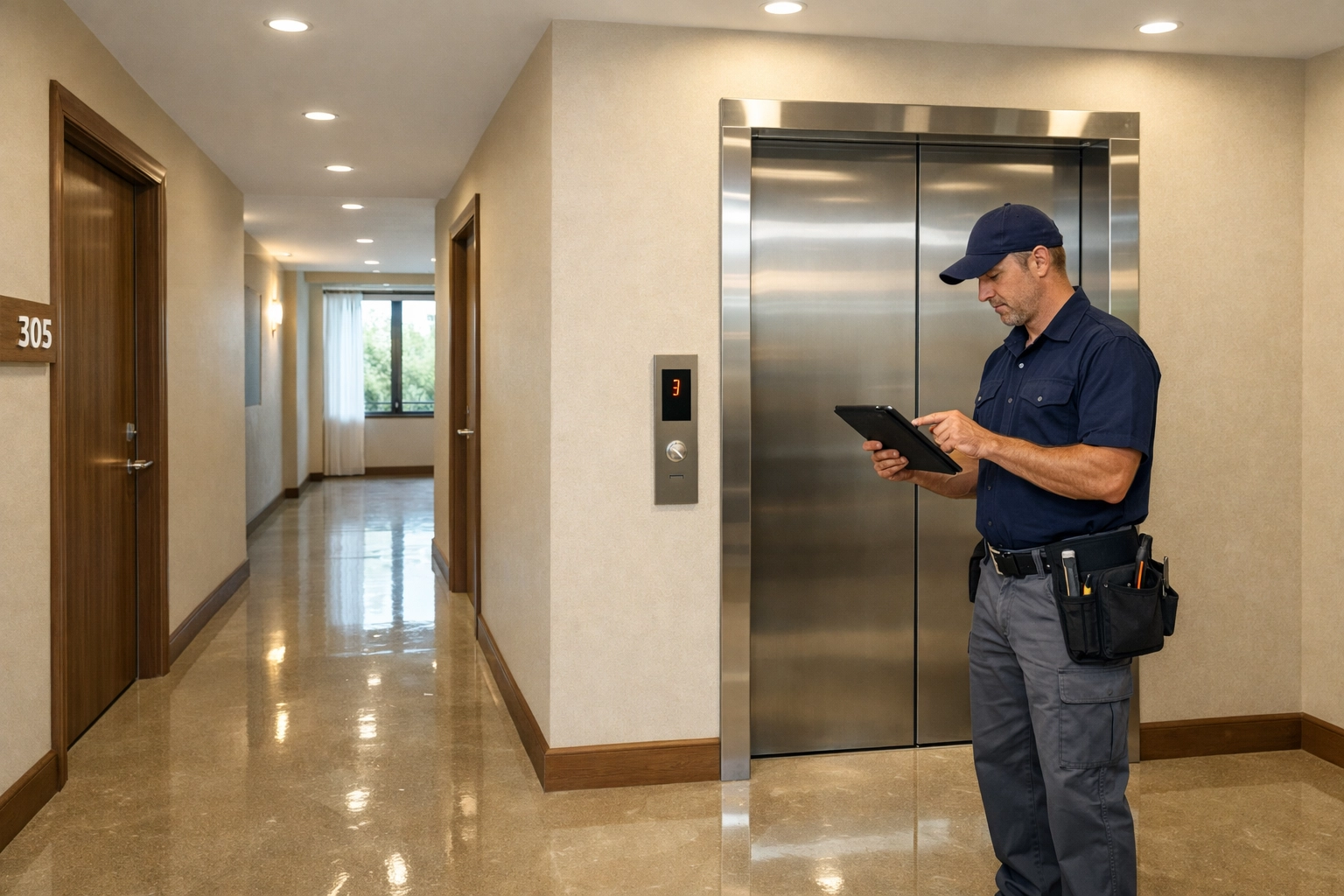 Multi-unit apartment hallway with maintenance professional coordinating turnover scheduling