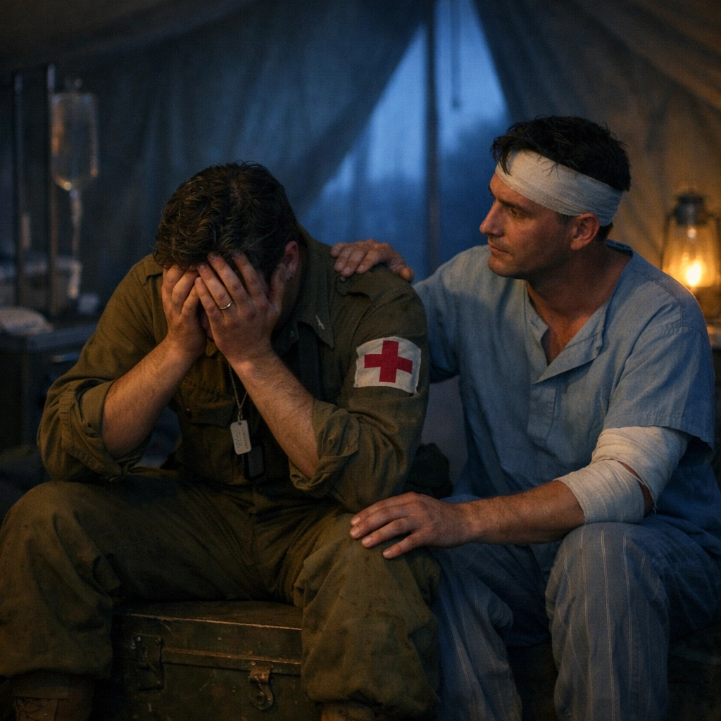 Wounded soldier comforting exhausted army medic in field hospital tent at dusk