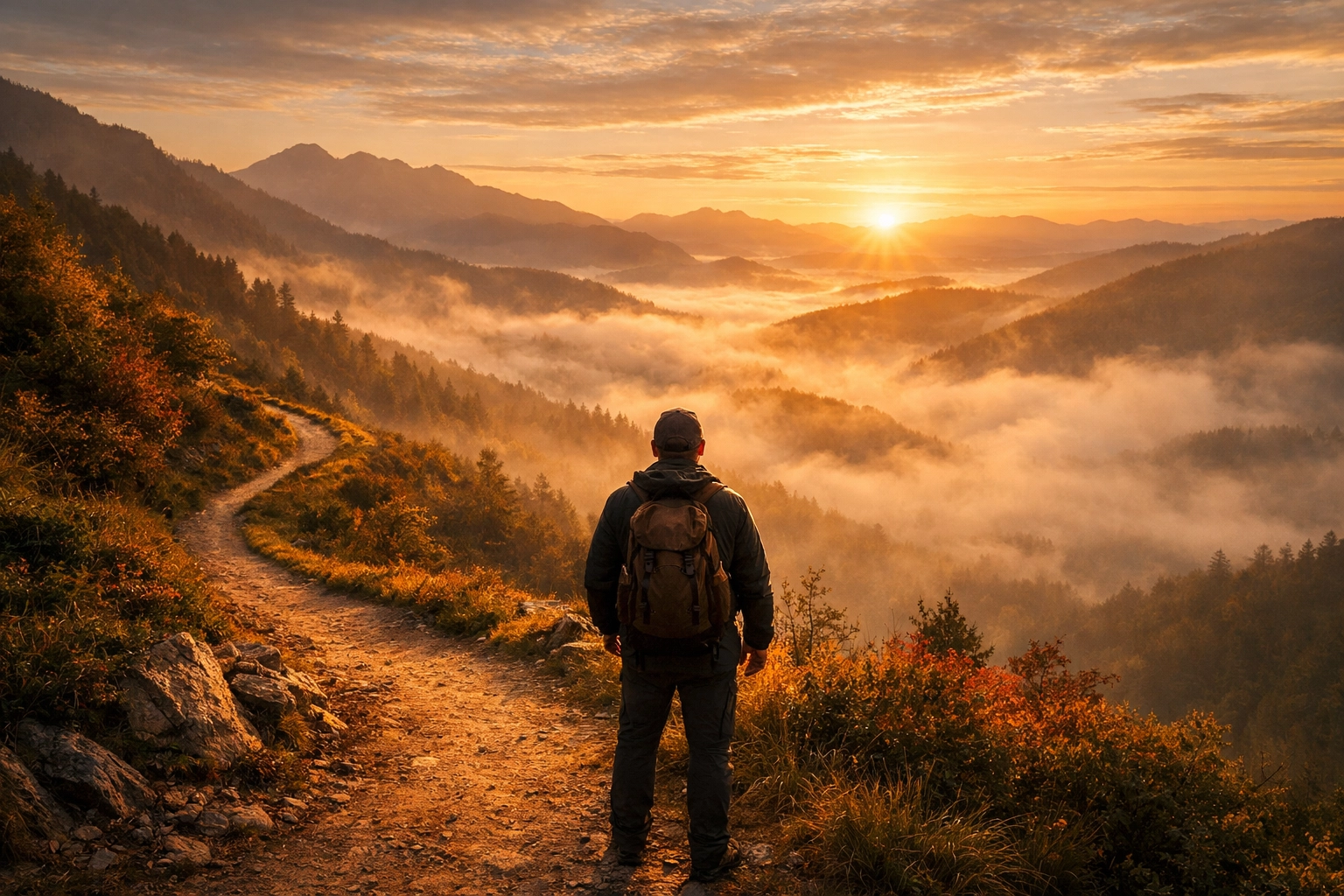 A hiker at the start of a scenic trail at sunrise, symbolizing the awareness stage of a content marketing funnel.