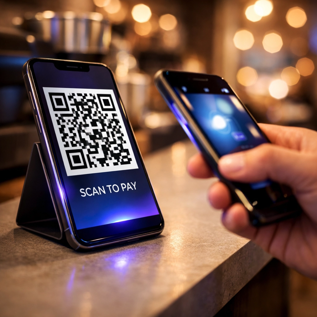 Customer scanning QR code for contactless crypto payment at retail point-of-sale terminal