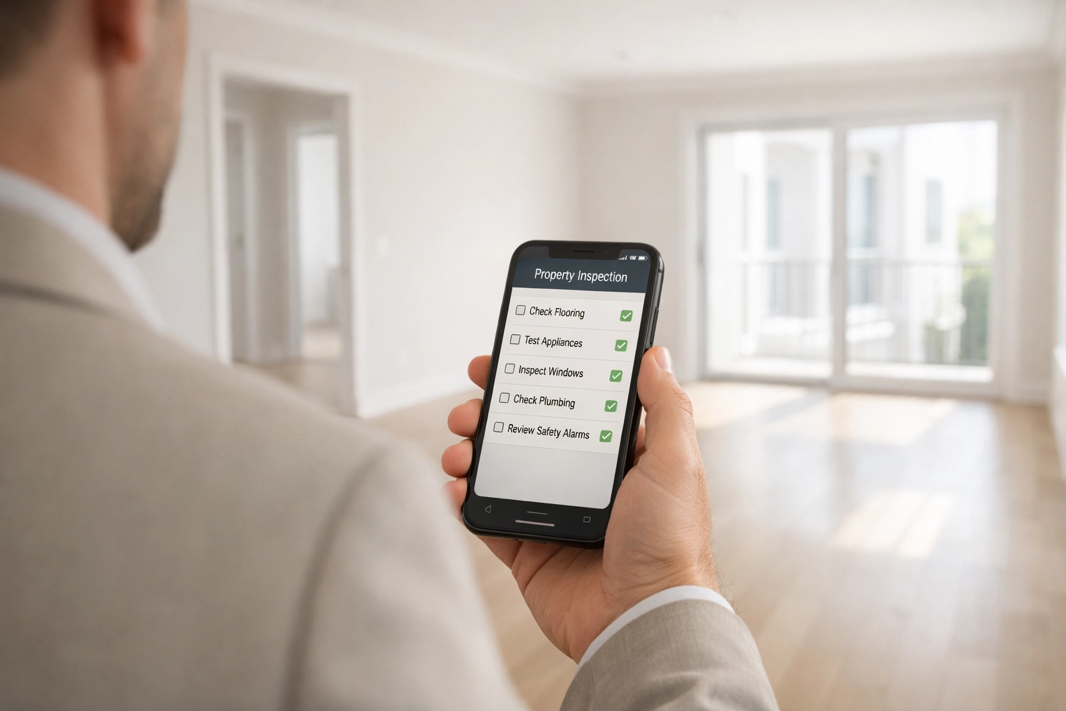Property manager reviewing apartment make-ready checklist on smartphone in vacant unit