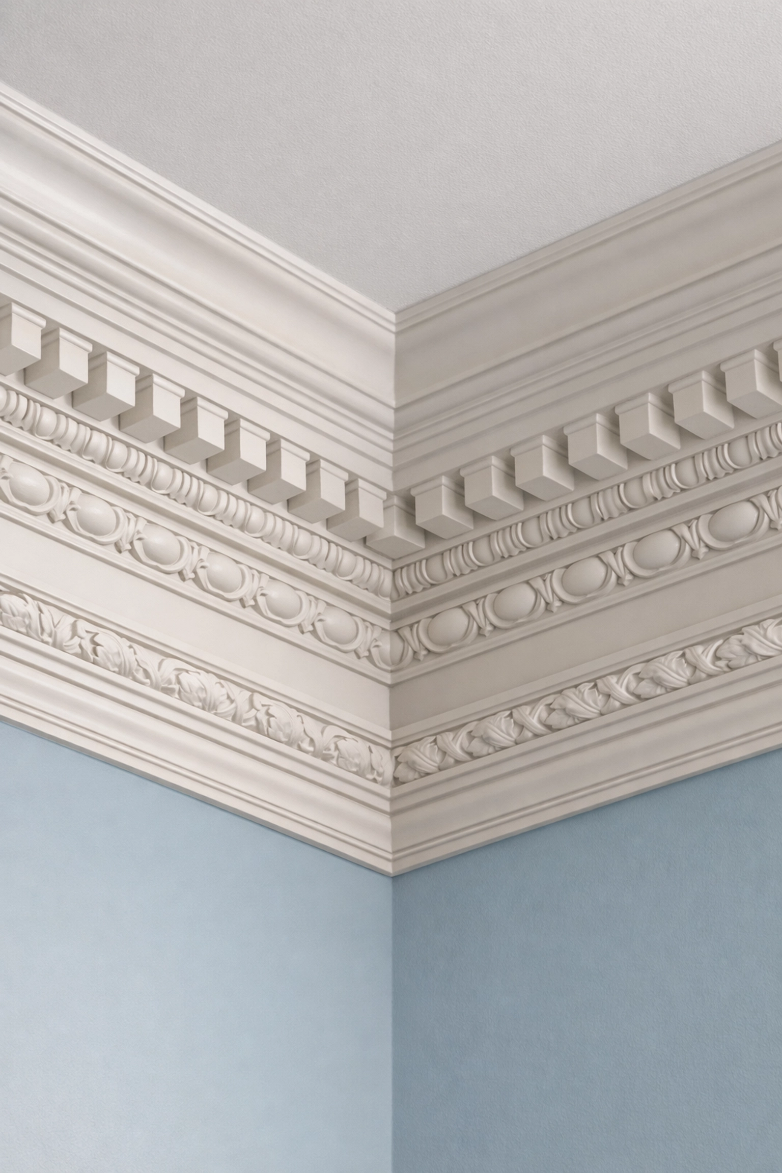 Pristine white dentil moldings after a professional Weston Georgian Colonial deep cleaning.