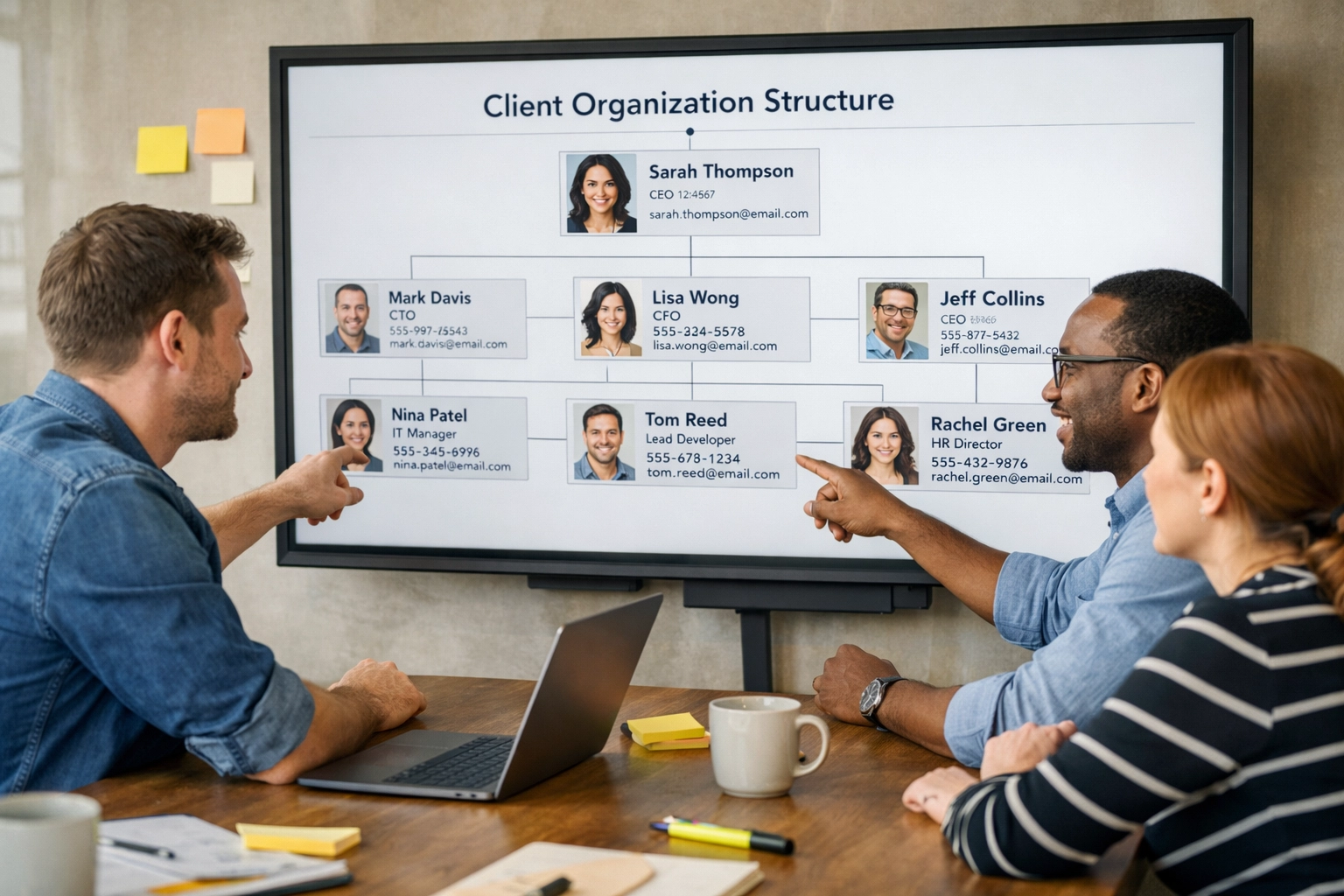 MSP team collaborating around whiteboard with client stakeholder information and organizational chart