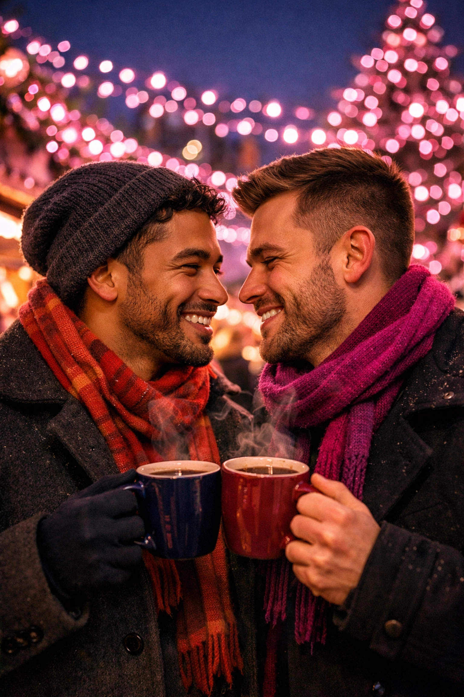 A romantic gay couple sharing a moment at a festive Pink Christmas market in Europe with glowing lights.