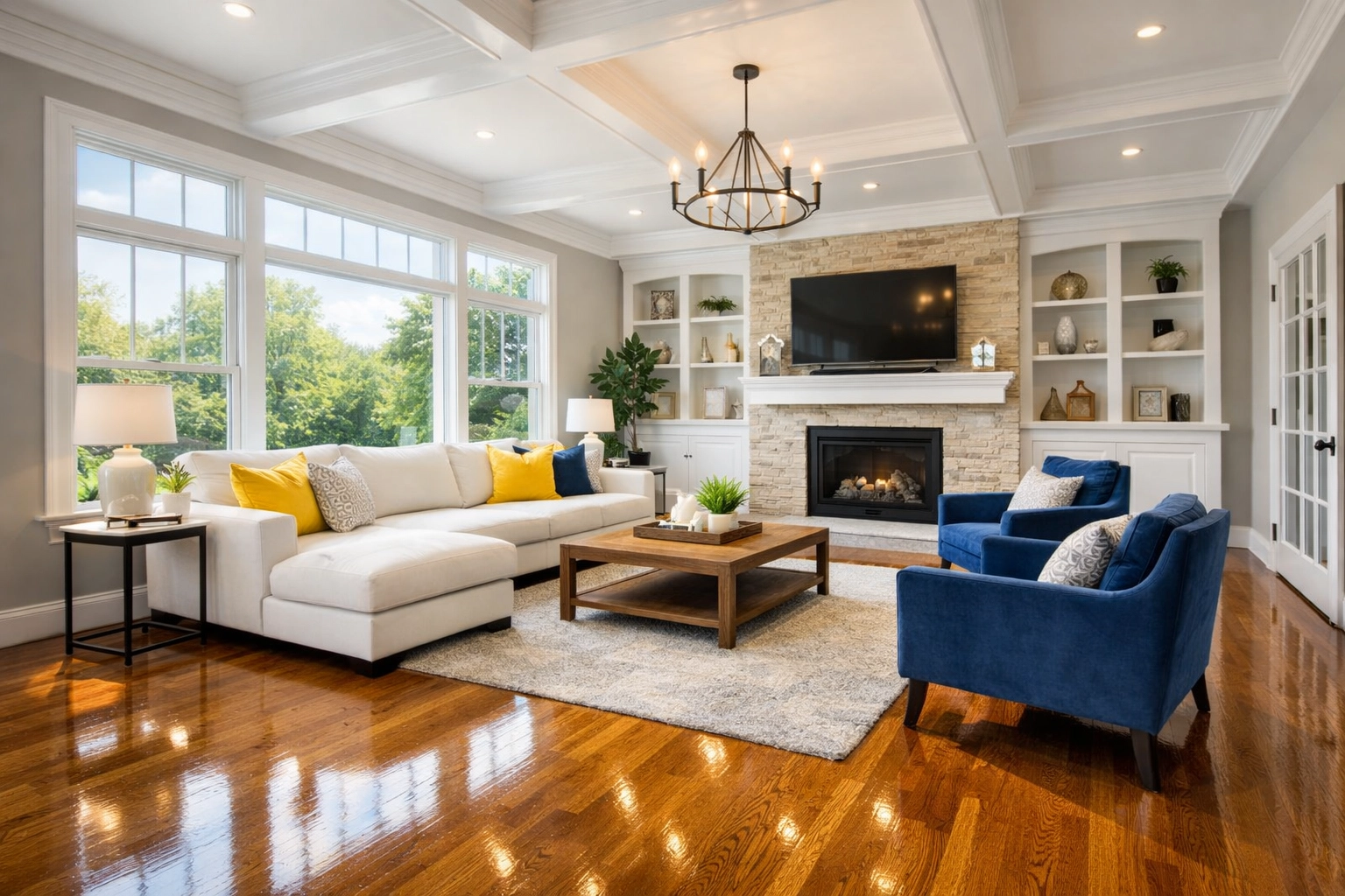 A spotless, sun-drenched living room with hardwood floors after professional house cleaning in Franklin.
