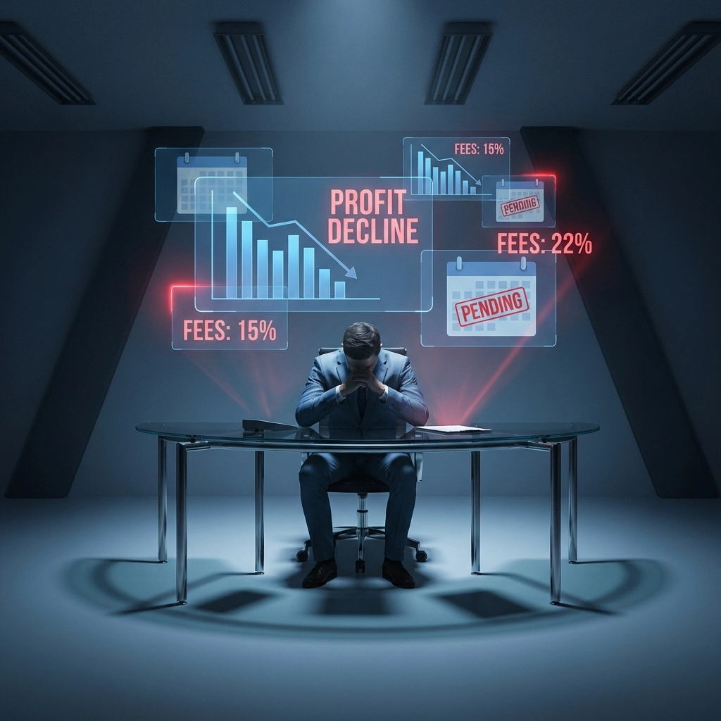 A business owner struggles with hidden payment fees and delays, highlighting drawbacks of traditional payment networks.