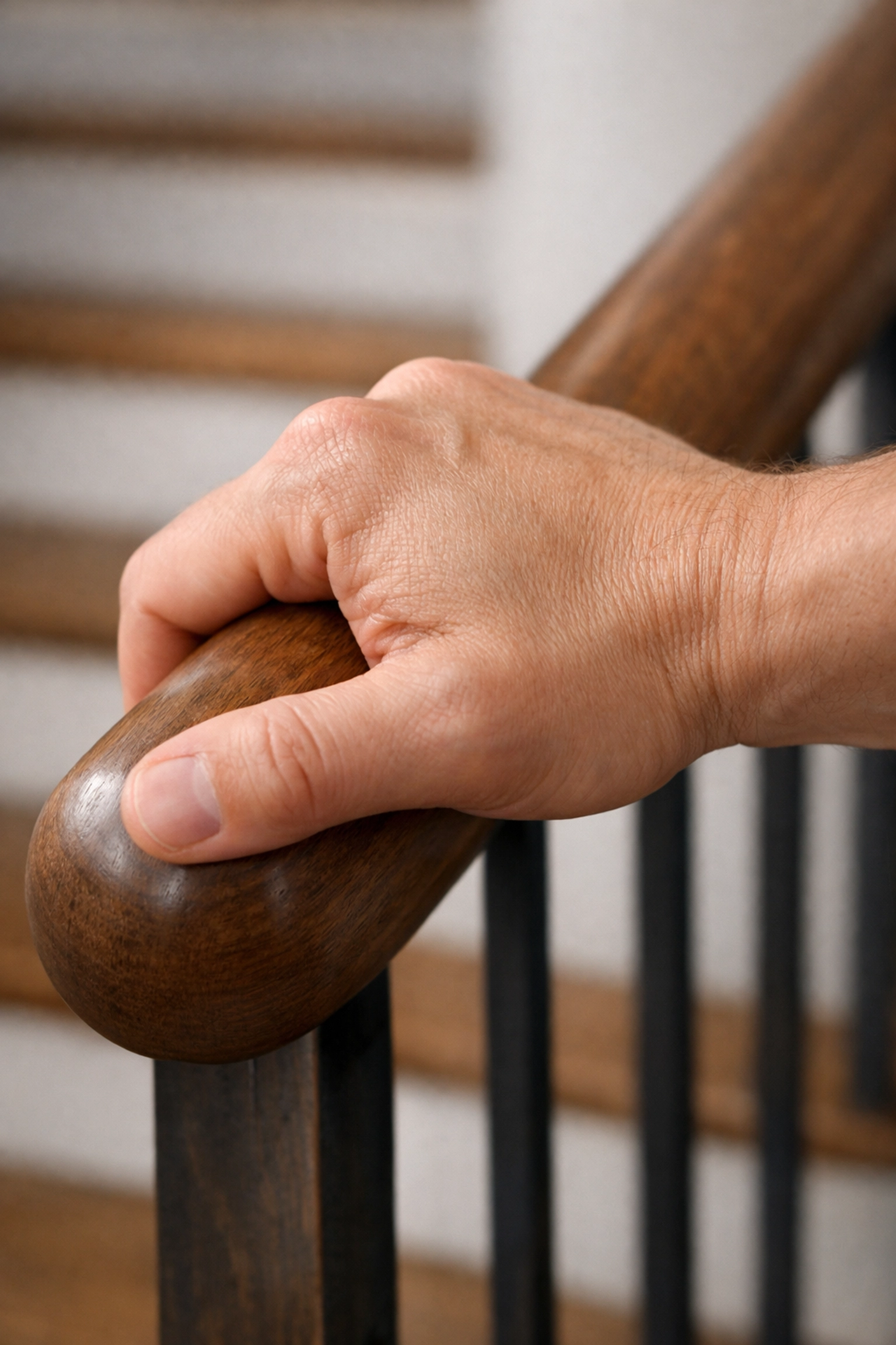 A hand securely gripping a sturdy, rounded wooden handrail for balance on stairs.