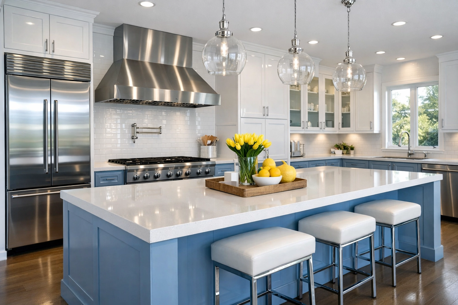 A luxury kitchen with gleaming, professionally cleaned stainless steel appliances after post-construction cleaning.