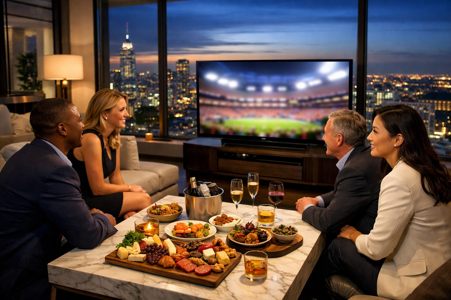 Professionals enjoying a Super Bowl viewing party in a luxury corporate penthouse.