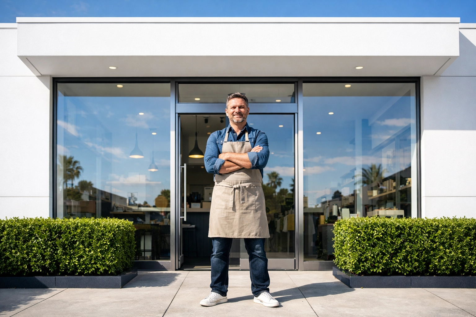 Successful local business owner standing proudly in front of their modern storefront.