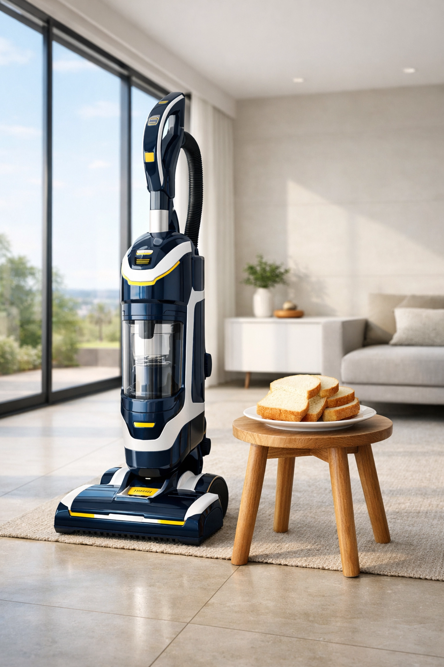 A modern vacuum cleaner next to a slice of white bread, illustrating eco-friendly glass cleanup methods.