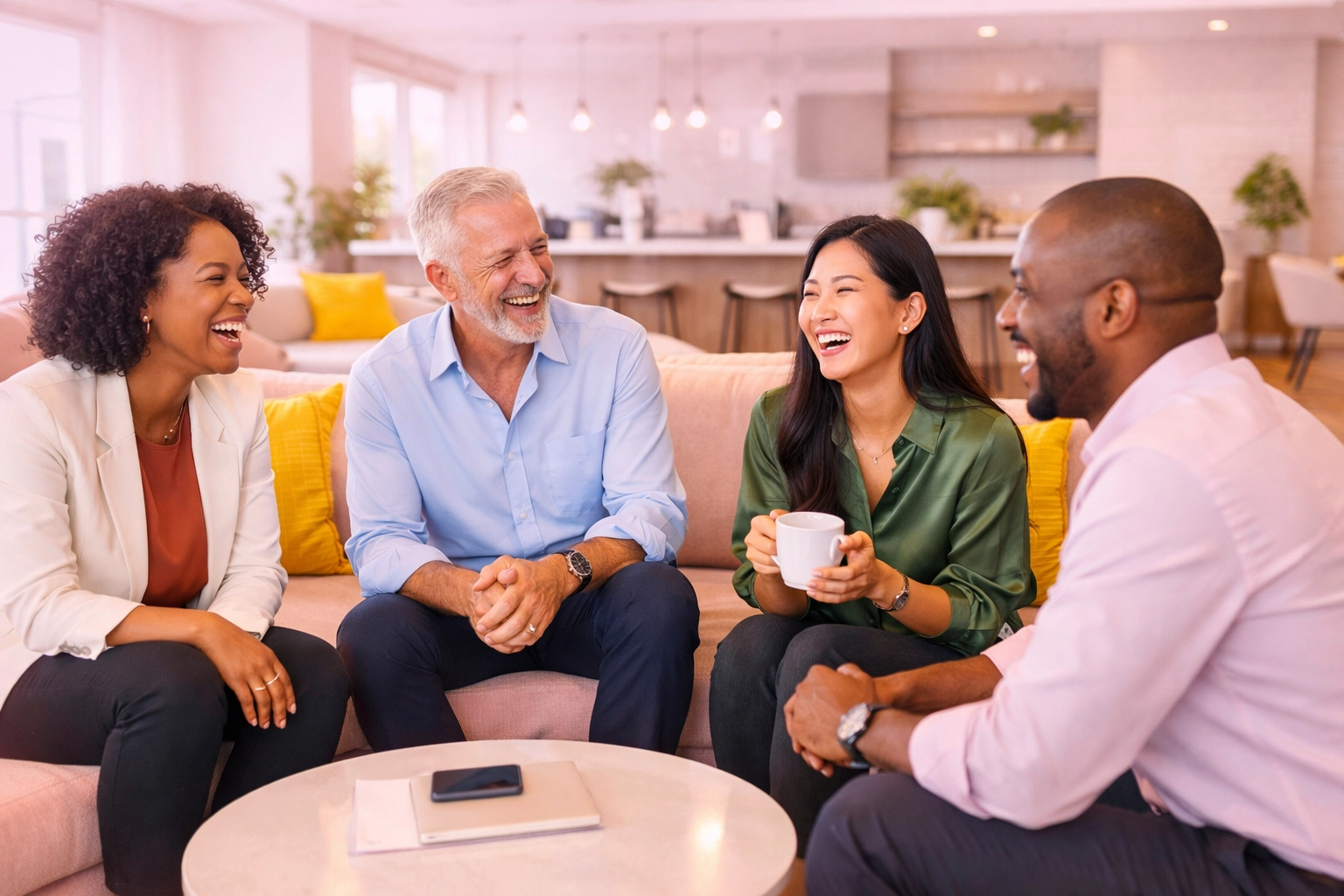 Happy employees in a spotless office lounge with polished floors, showing the value of commercial cleaning in Cedar Falls.