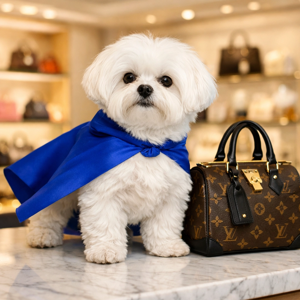 Maltese dog guardian standing by a designer bag for professional luxury authentication services.