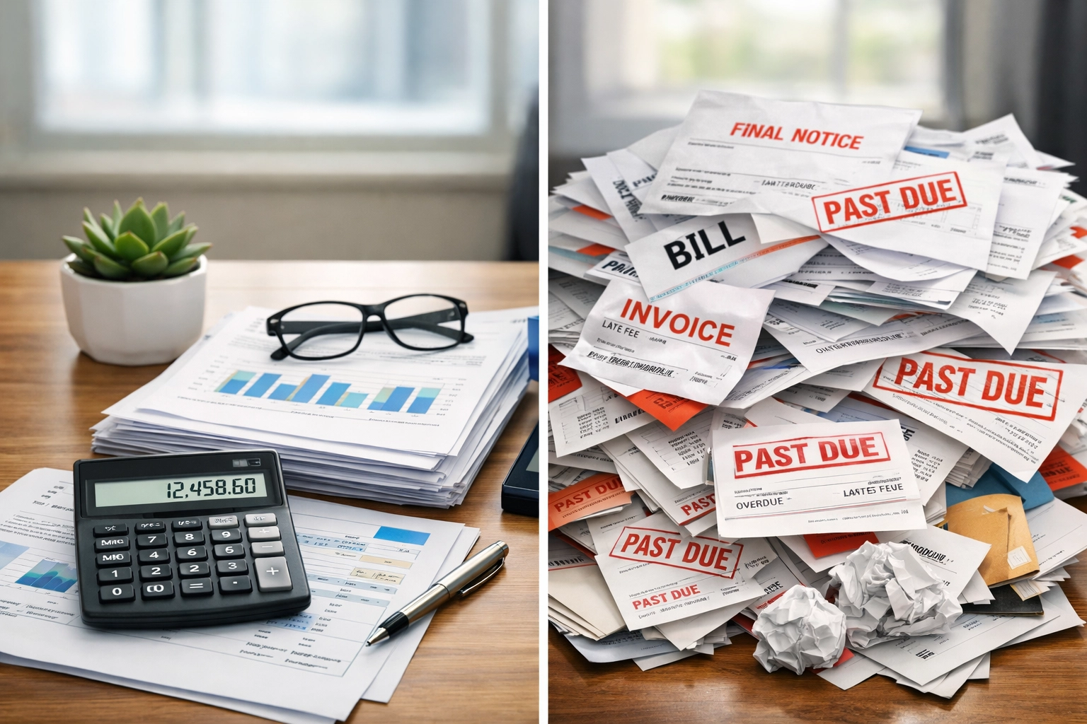 Property management invoices and fees comparison showing organized versus disorganized billing