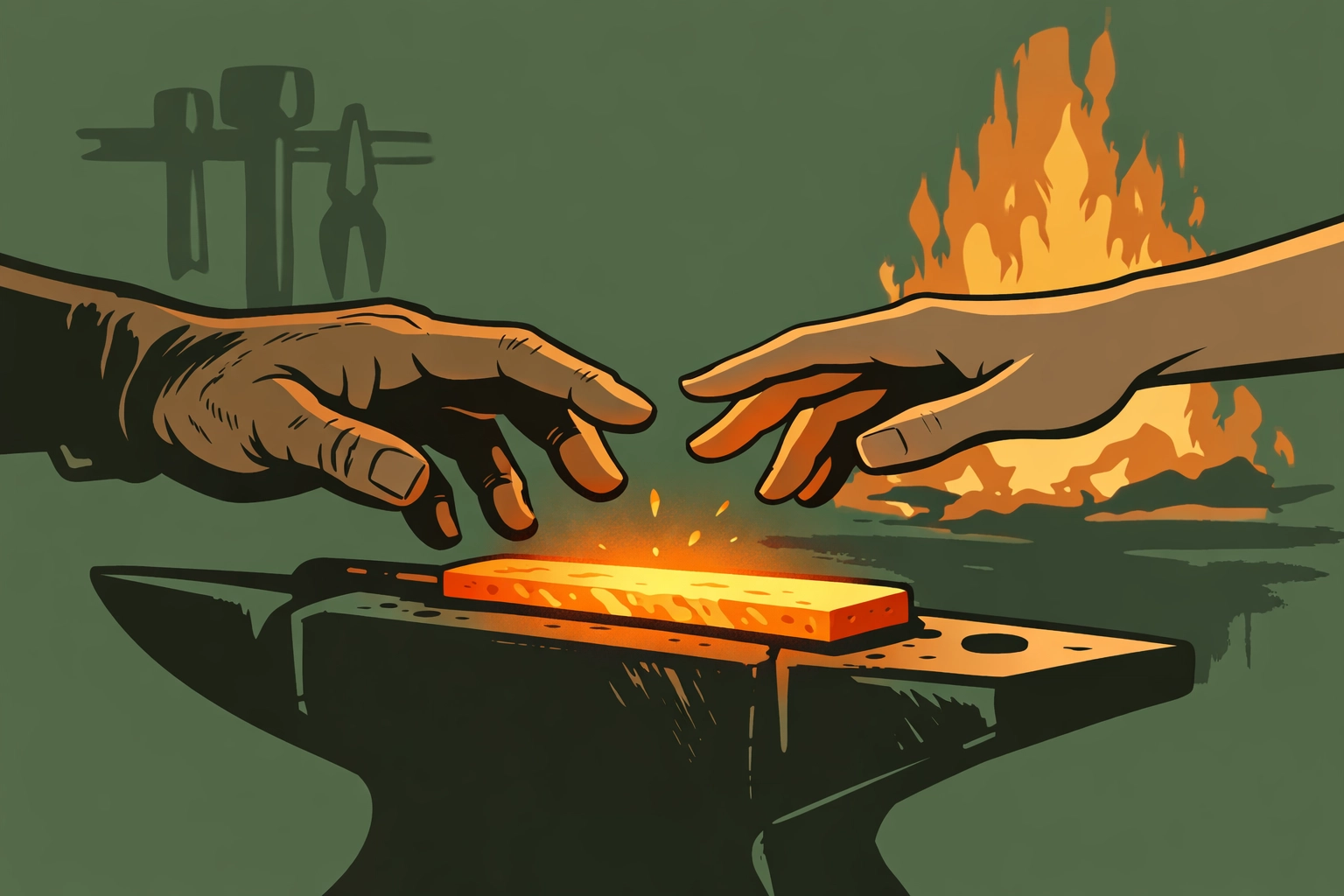 Blacksmith hands nearly touching over hot metal symbolizing forbidden MM romance connection