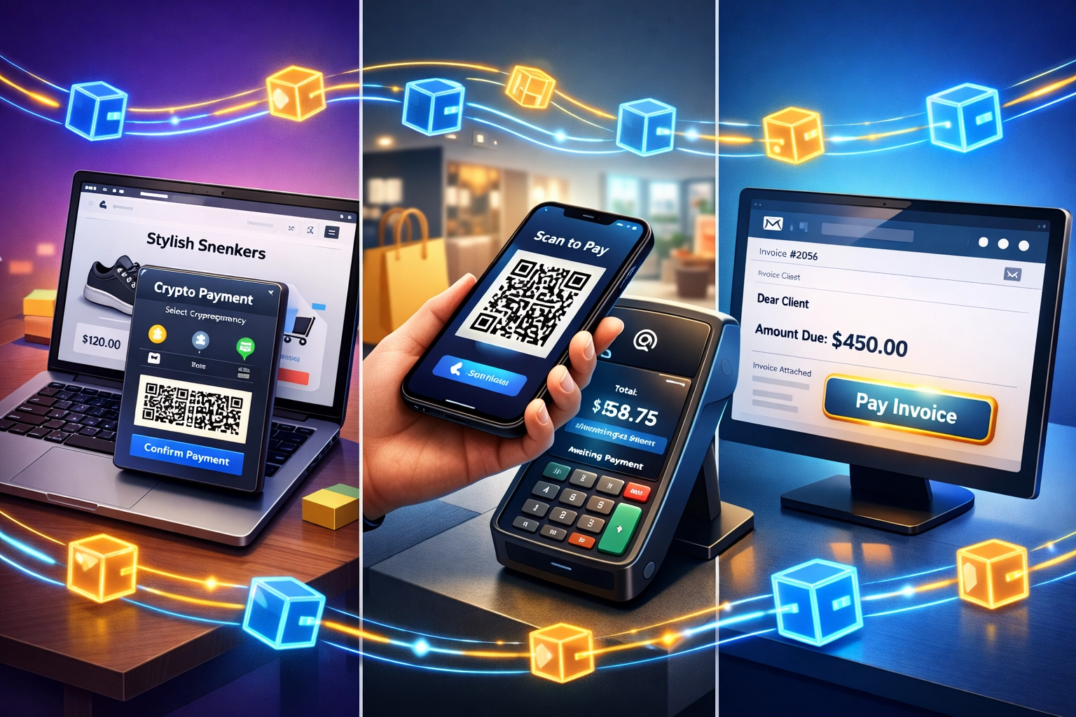 Three Web3 payment integration methods: e-commerce checkout, crypto POS terminal, and invoice payment links