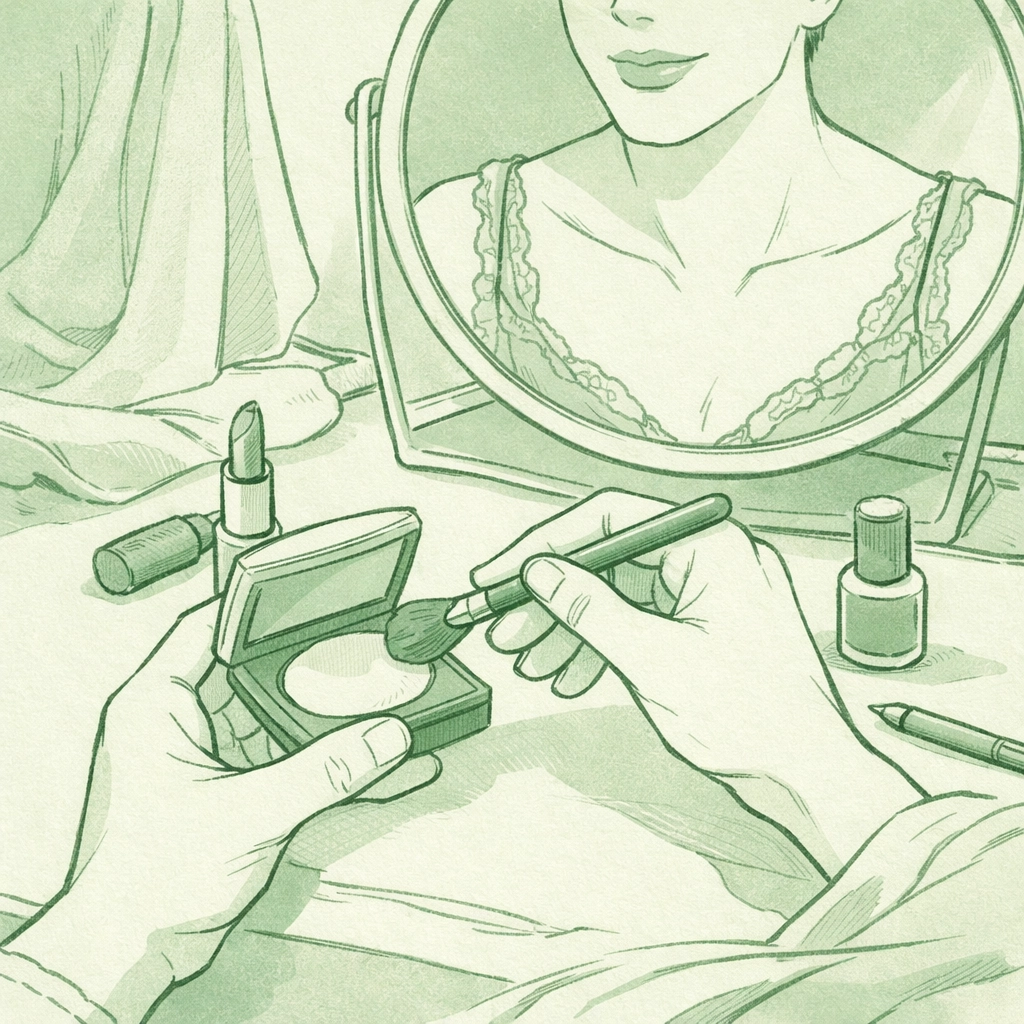 Gay man applying makeup during private cross-dressing moment of self-discovery