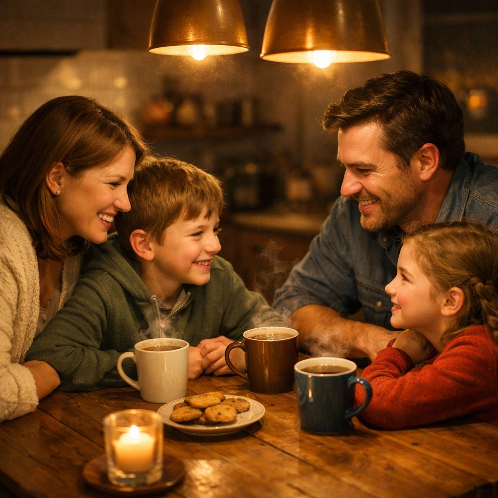 Family gathered around kitchen table in conversation without phones during evening connection time