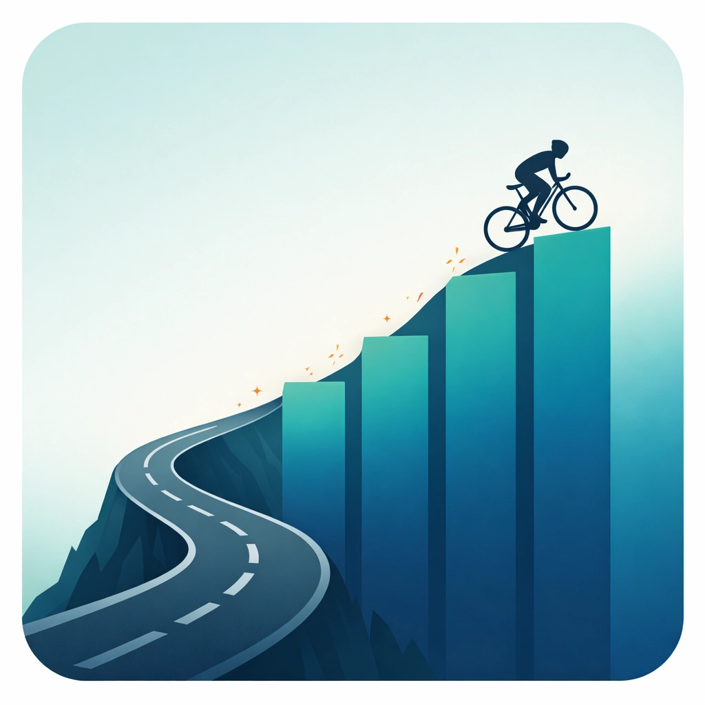 A mountain road merging into a rising bar graph, symbolizing cycling performance gains and a higher VO2 max.