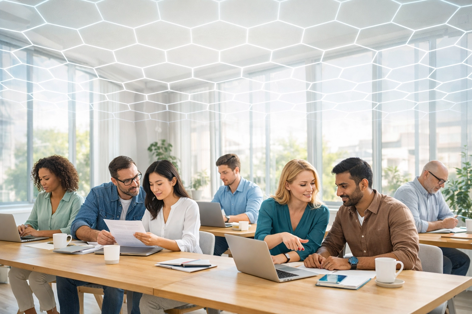 Small business team working in an office with a protective digital grid representing a strong human firewall.