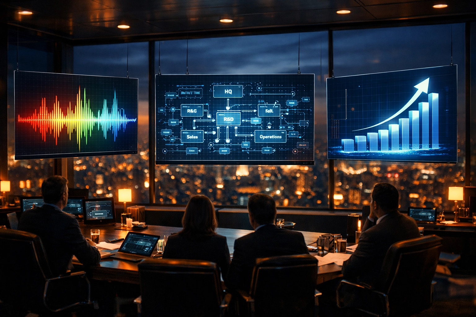 Executive war room with holographic charts showing metrics from a successful SaaS customer training transformation.