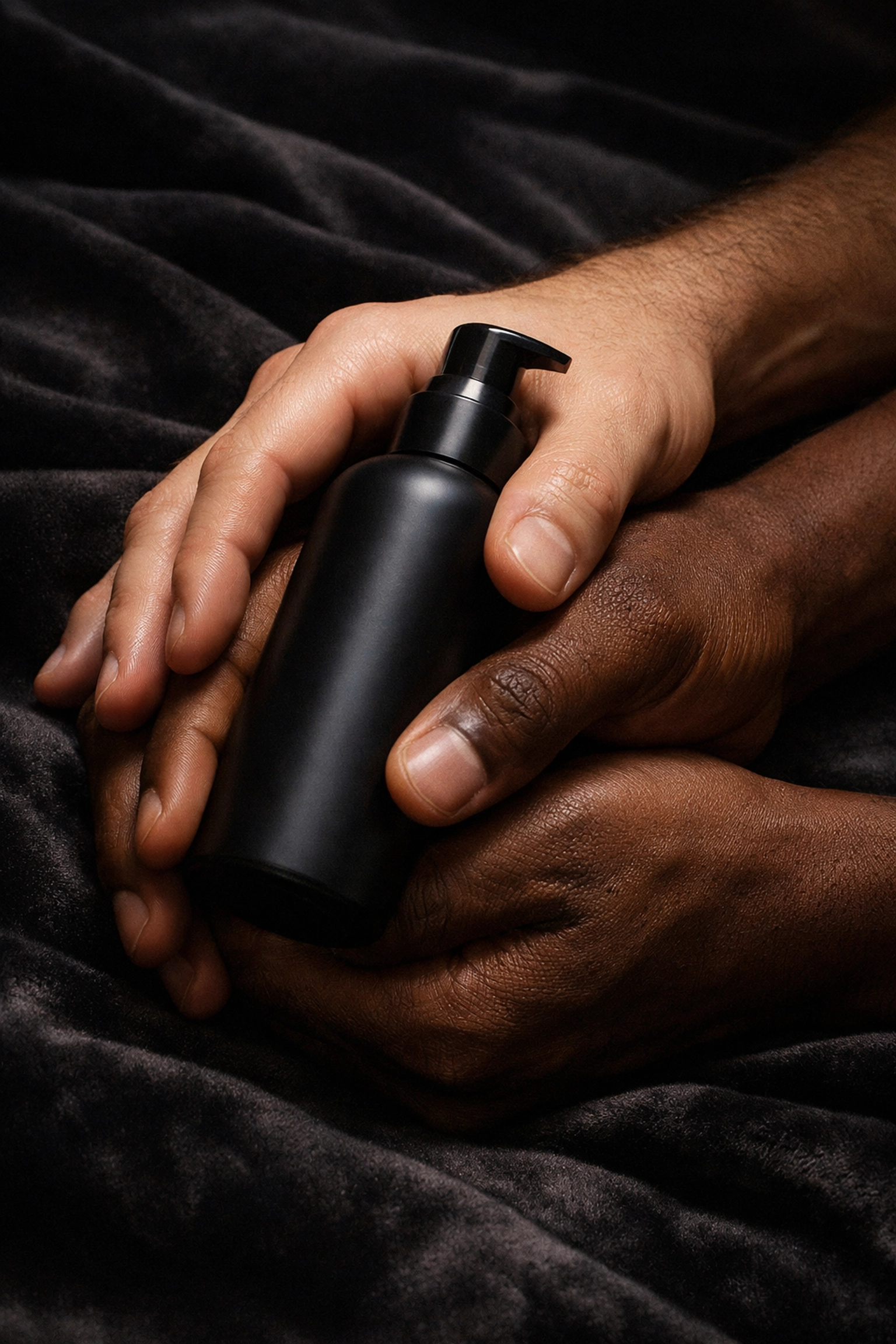 Intertwined hands holding a bottle of lubricant, emphasizing safe and prepared gay intimate play.