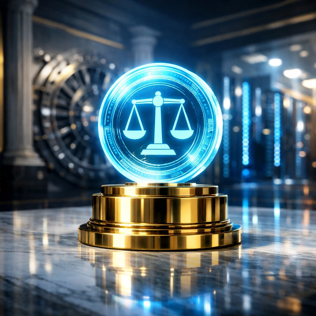 Stable digital LUSD coin on a pedestal in a futuristic vault symbolizing secure Larecoin crypto payments.