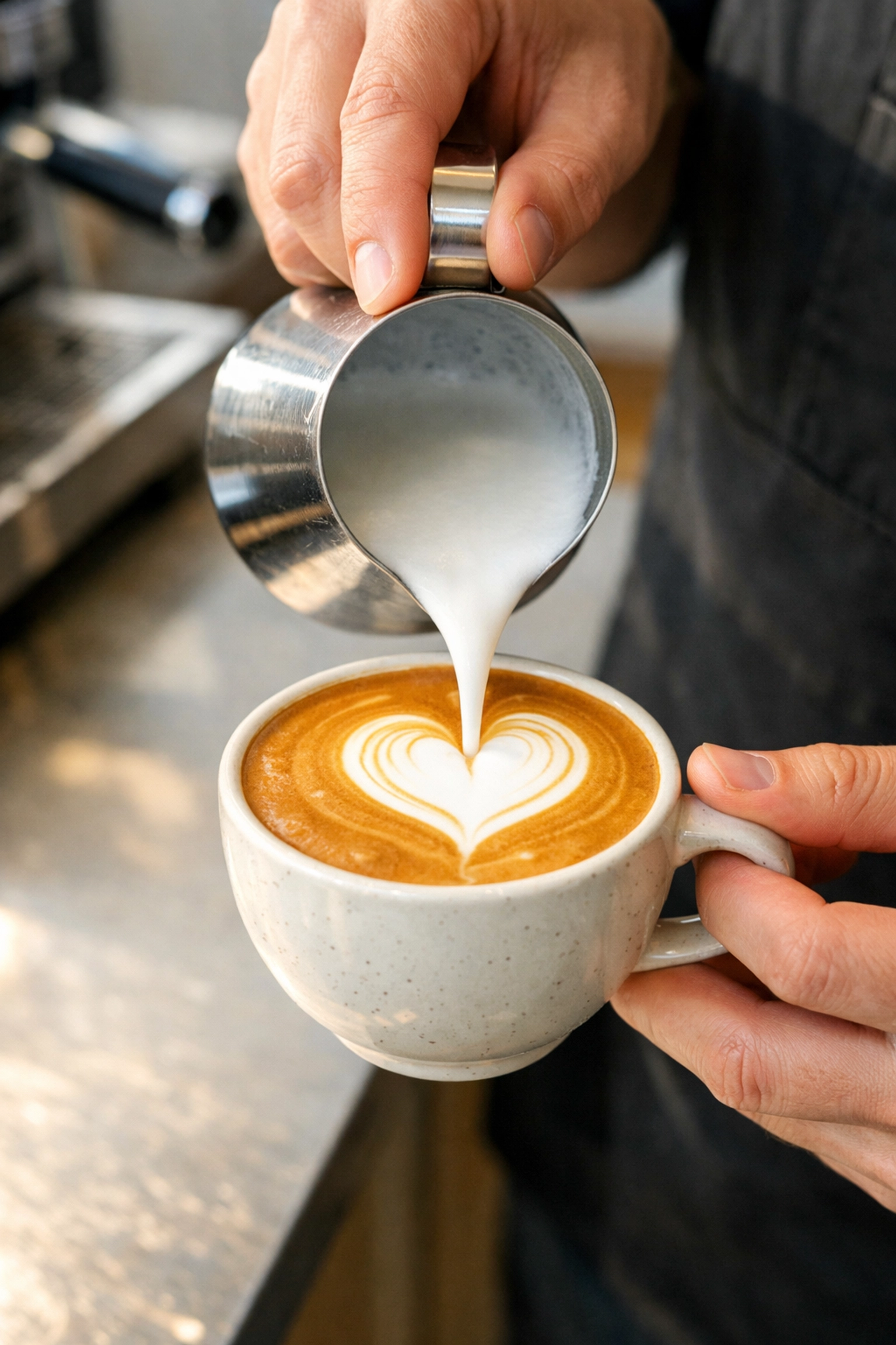 Expert barista pouring heart latte art, showcasing the value of professional training from coffee suppliers.