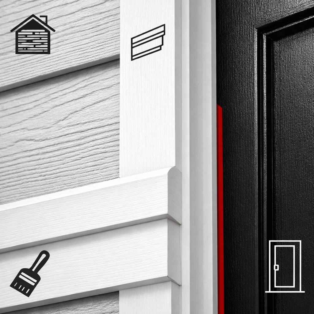 Close-up detail of coordinated siding, trim, and door materials creating seamless exterior look