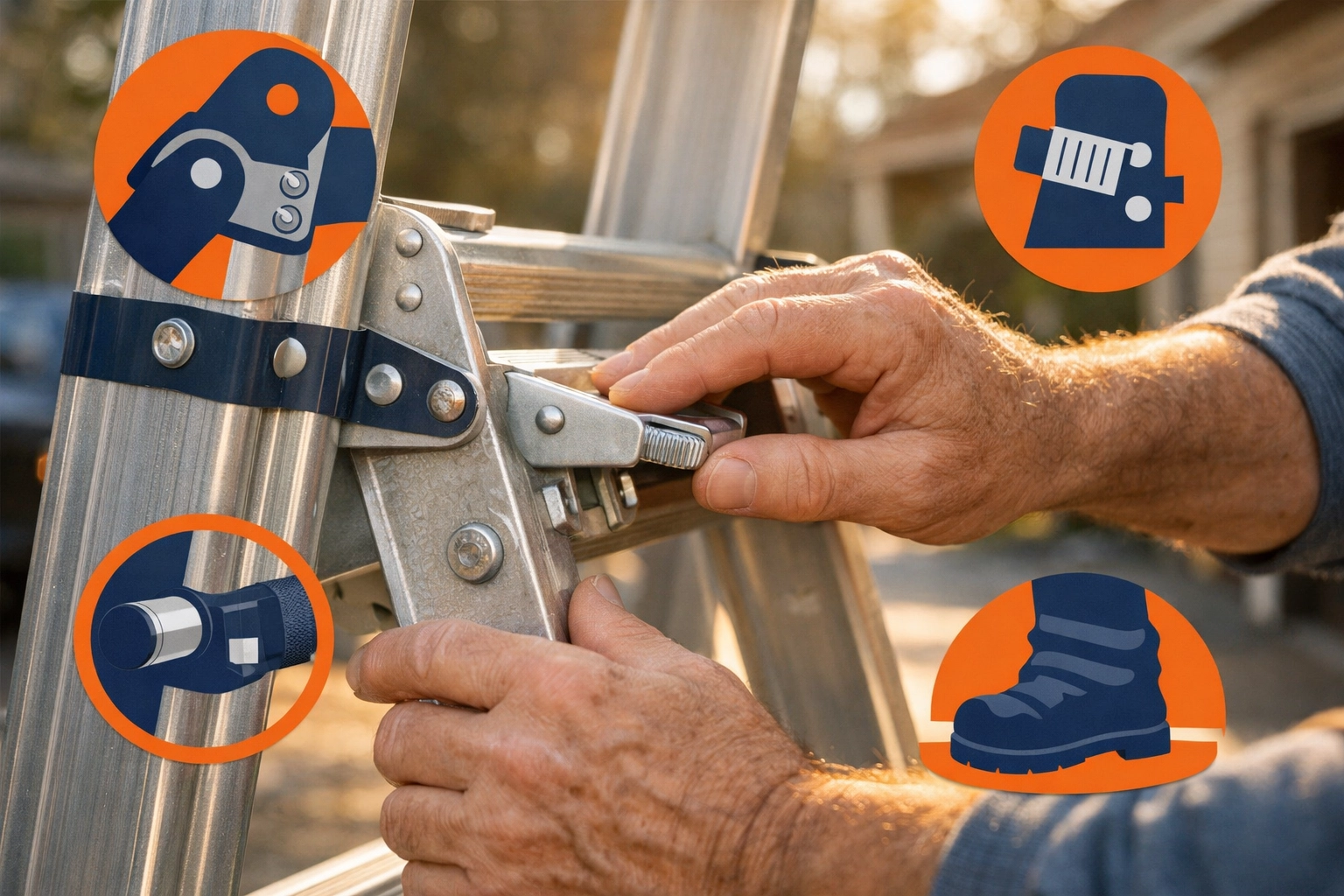 Neighbor performing a safety check on an extension ladder locking mechanism before use.
