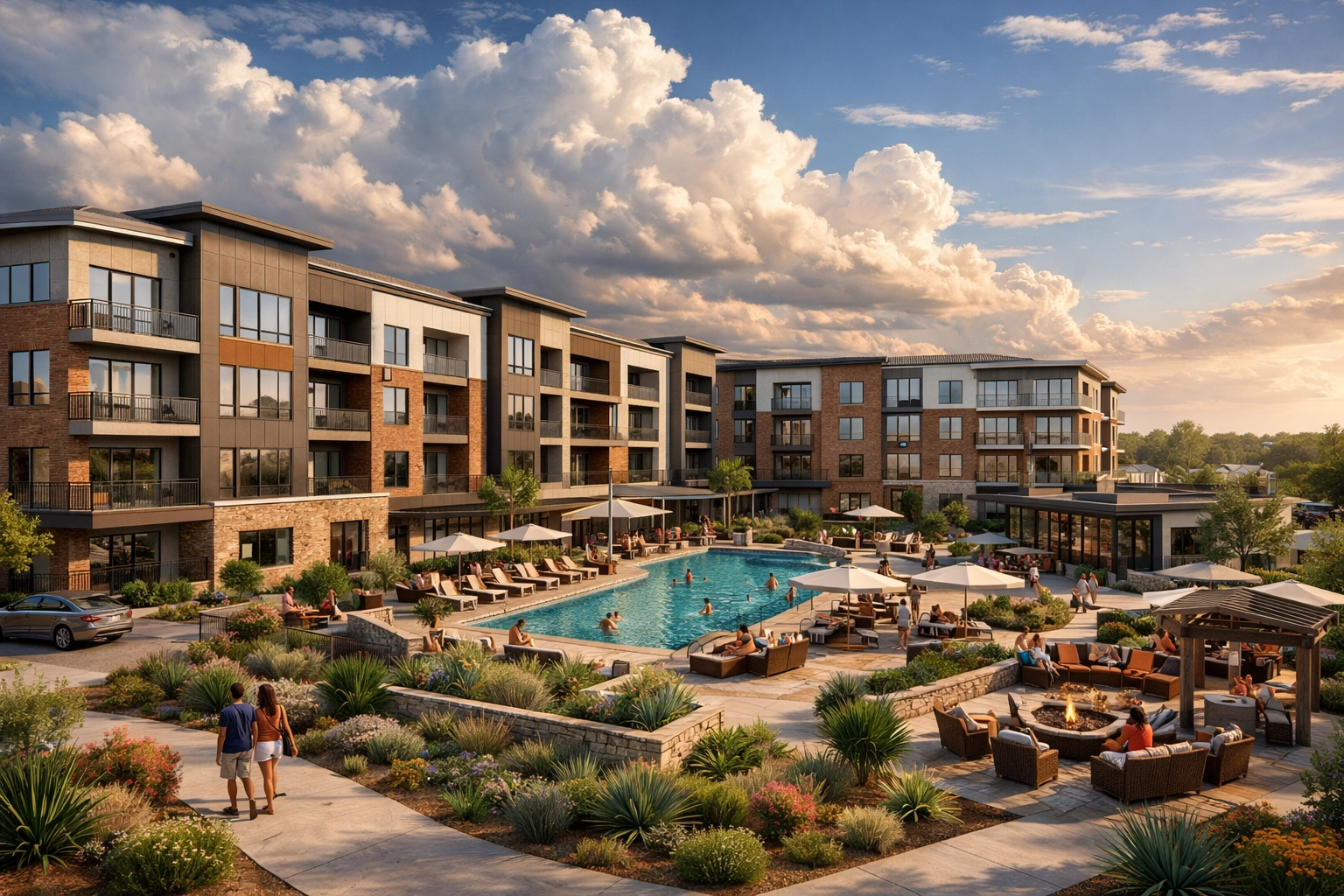 Modern Class A multifamily apartment complex in suburban Texas with resort amenities