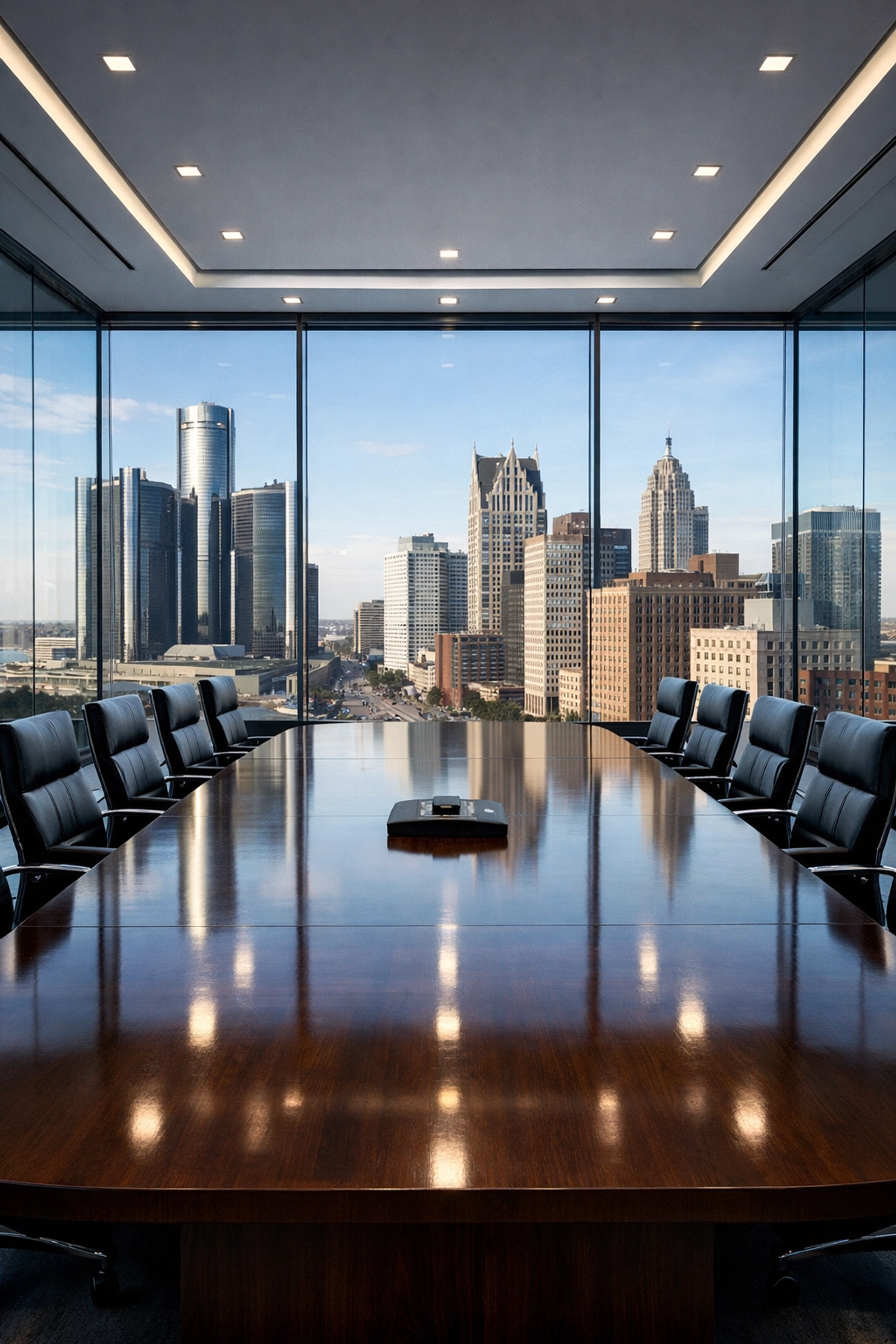 Professional boardroom with a polished table and skyline views in a clean Detroit office.