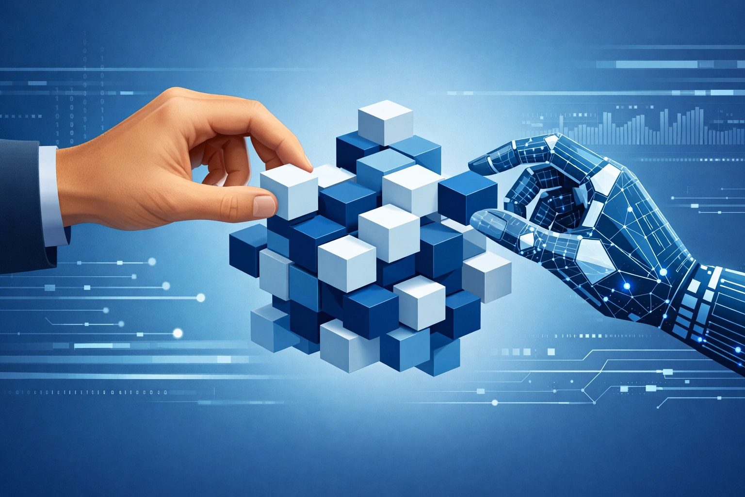 Professional illustration of a human and AI collaboration to create intentional, high-quality digital designs.