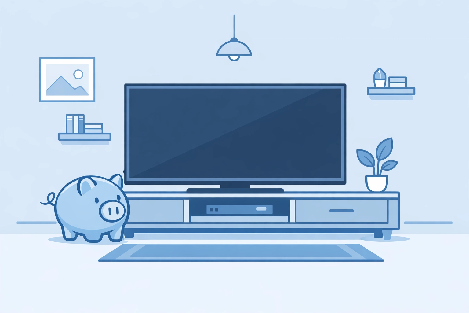 A living room television and piggy bank icon representing affordable streaming TV ads for local political campaigns.