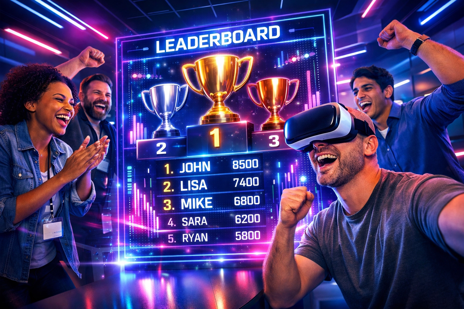 Team members cheering for safety training progress on a holographic leaderboard in the breakroom.