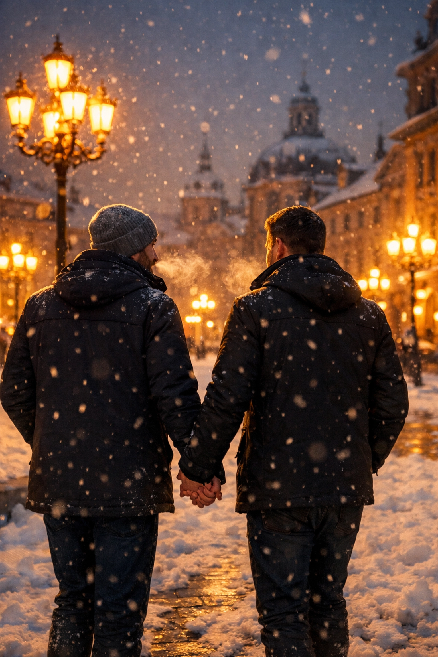 Gay couple holding hands on snowy winter city break in Europe