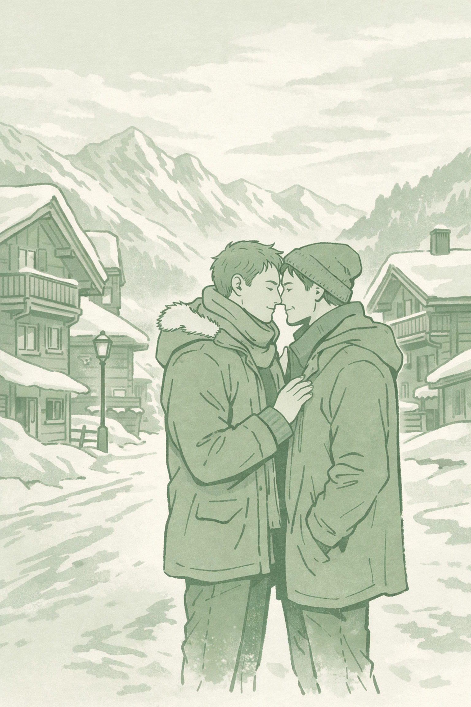 Two men share an intimate moment on a snowy Swiss Alpine village street in winter