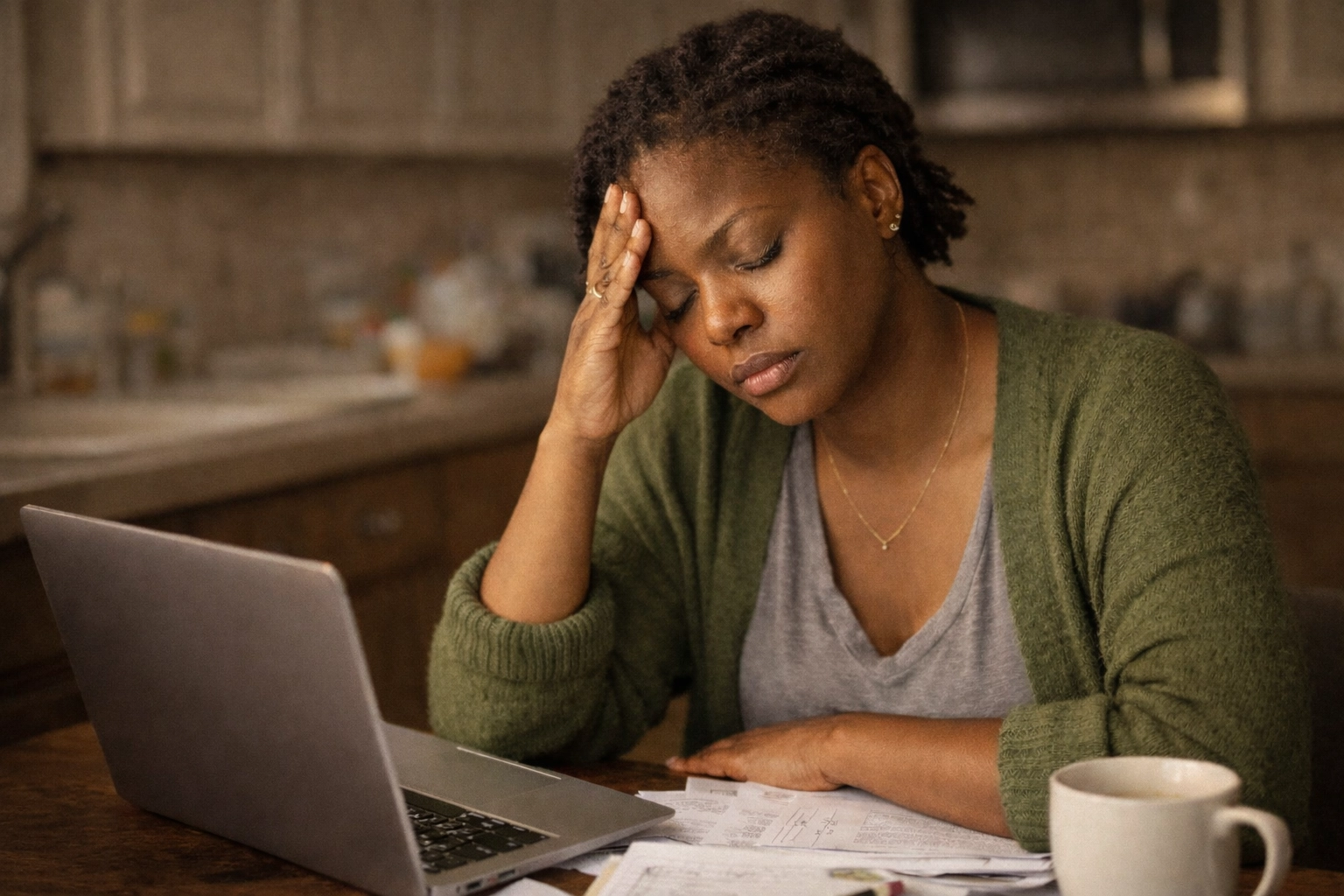 Exhausted Black mother at kitchen table managing work, children's homework, and household tasks