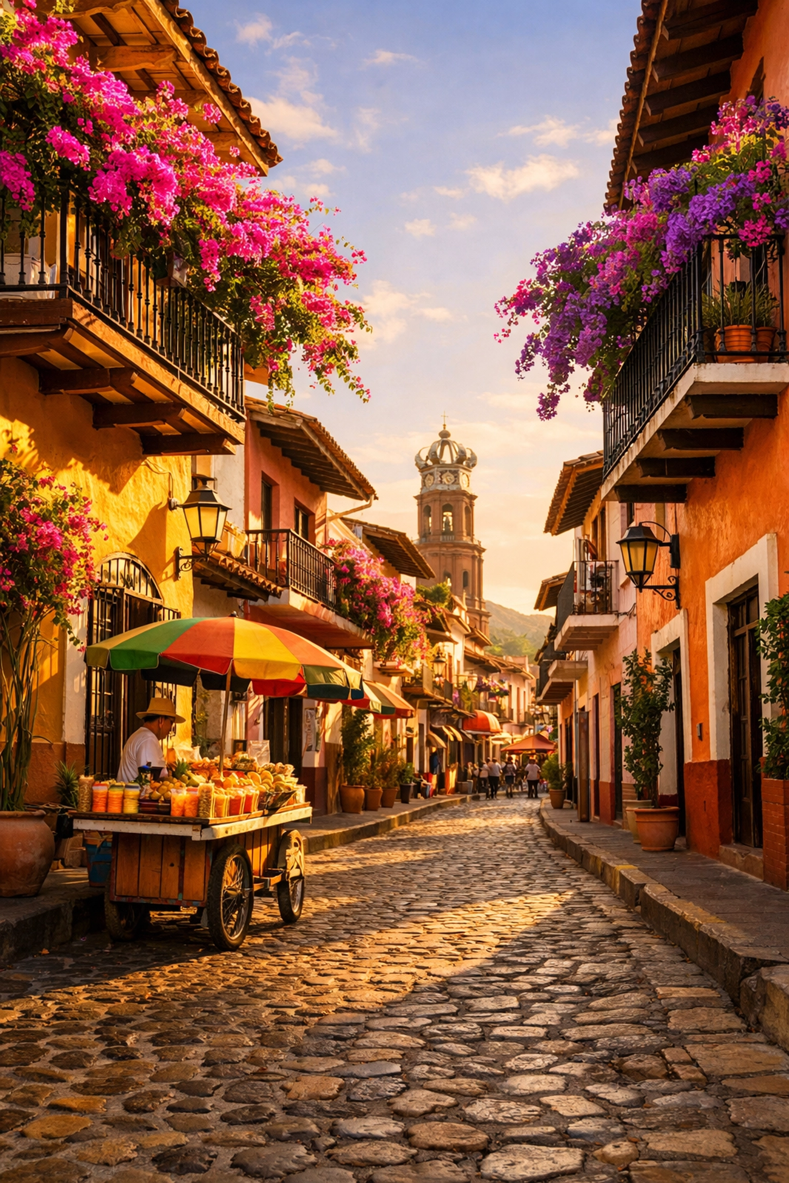 Colorful cobblestone street in Old Town Puerto Vallarta with bougainvillea-covered balconies